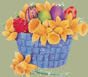 Niebieski koszyk z kwiatami i pisankami